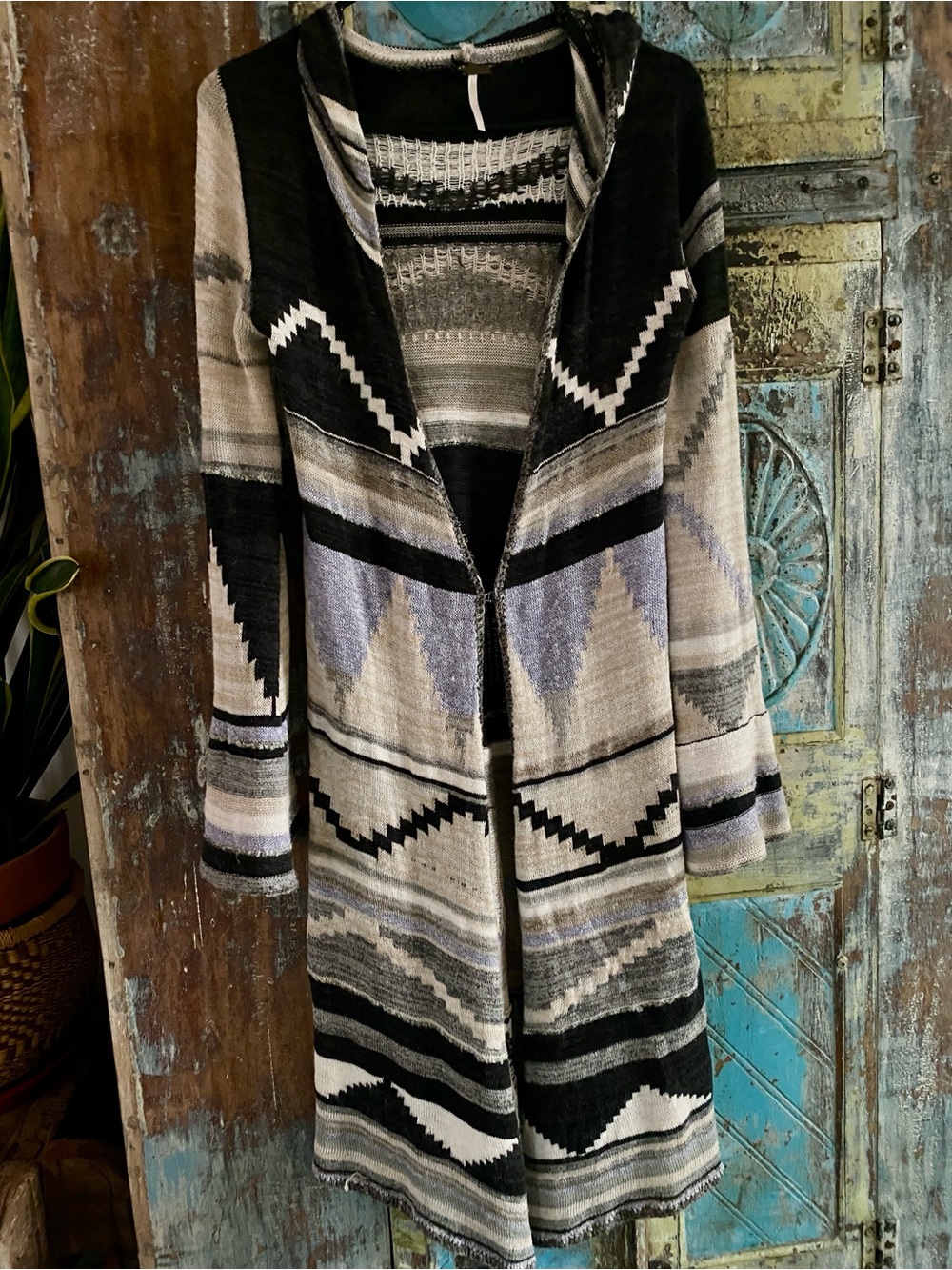 Free People Long Black and Cream Knit Cardigan with Hoodie - Picture 3 of 12